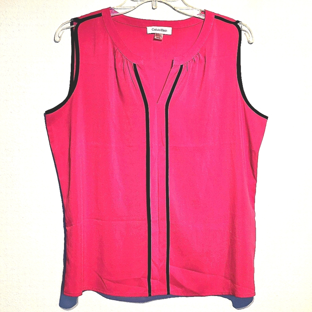Calvin Klein Fuschia Sleeveless Splitneck Blouse Black Contrast Trim Sz Large